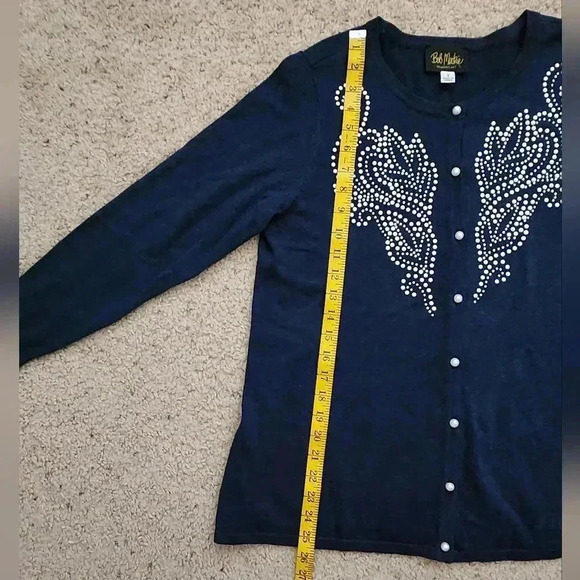 Bob Mackie Navy Blue Holiday Cardigan Sweater Pearl Embellished Size Small - Picture 9 of 10